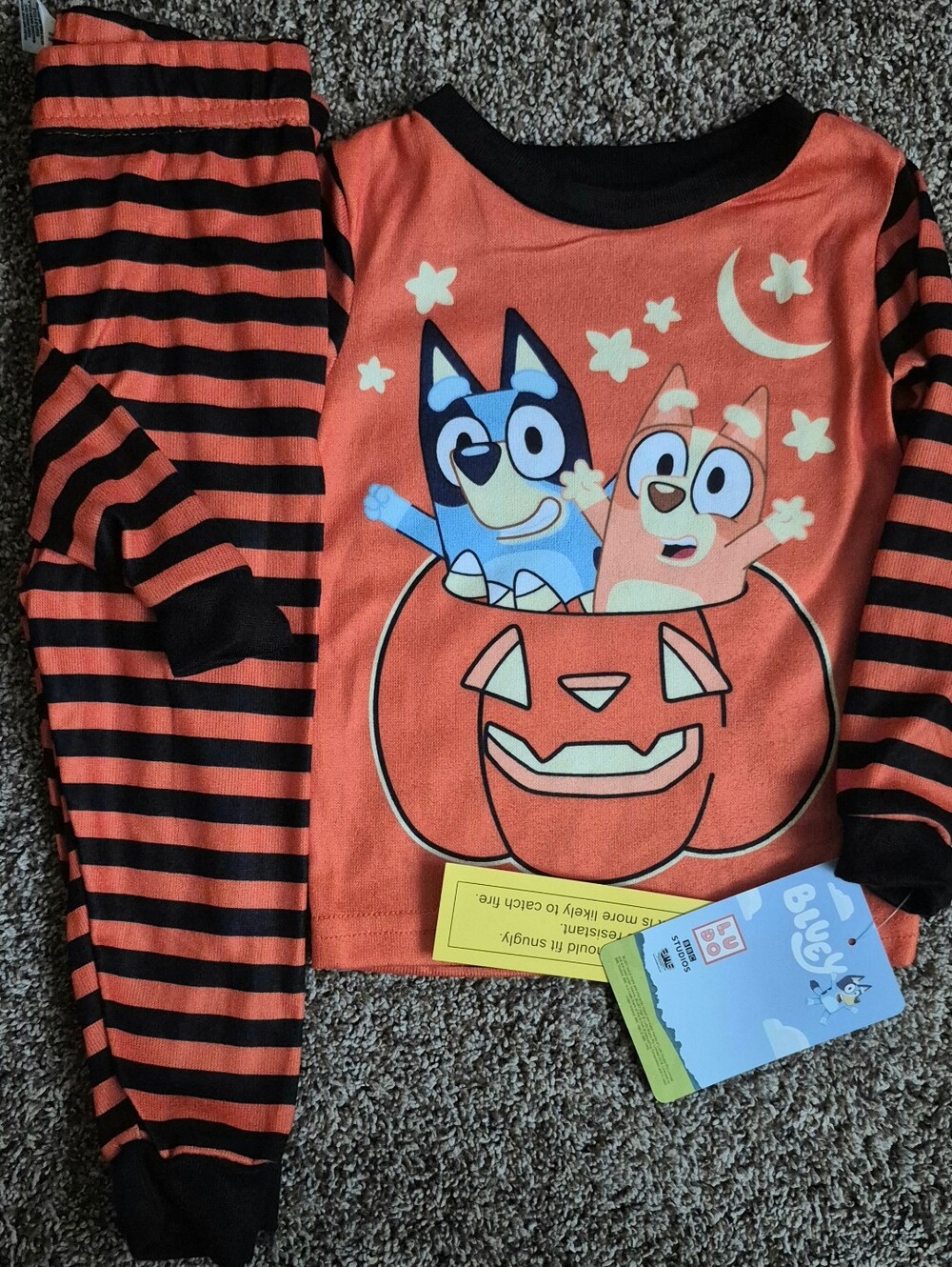 Bluey Kids Orange Black Stripes Pumpkin Pajama Set Toddler 2T Halloween Fall